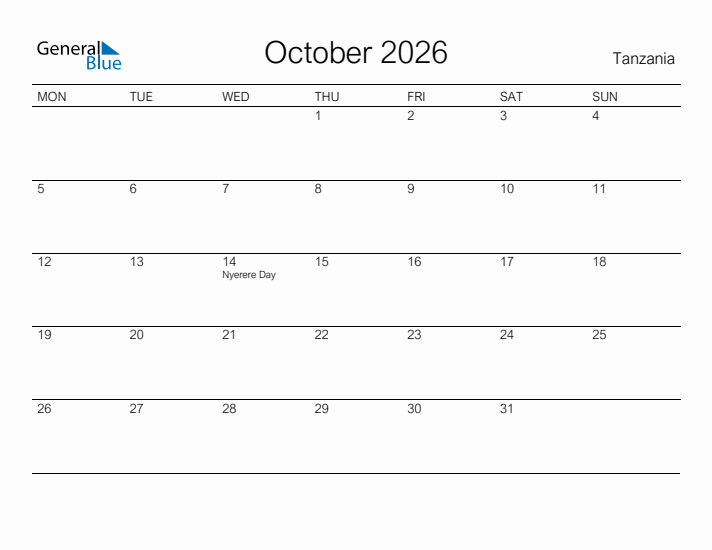 Printable October 2026 Calendar for Tanzania