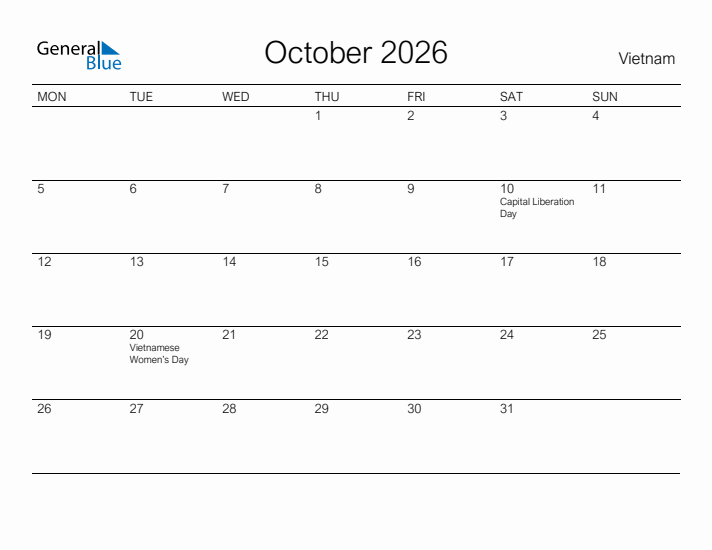 Printable October 2026 Calendar for Vietnam