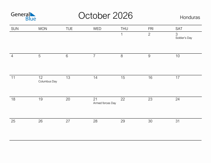 Printable October 2026 Calendar for Honduras