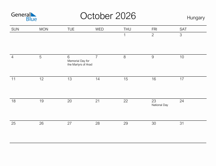 Printable October 2026 Calendar for Hungary