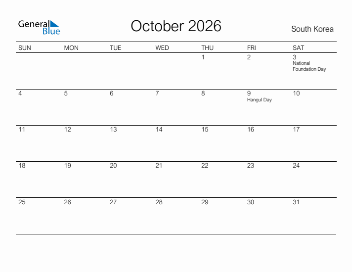 Printable October 2026 Calendar for South Korea