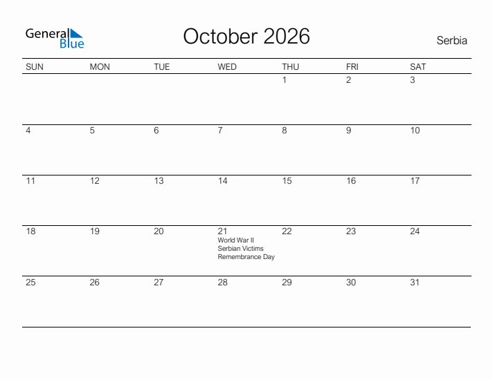 Printable October 2026 Calendar for Serbia