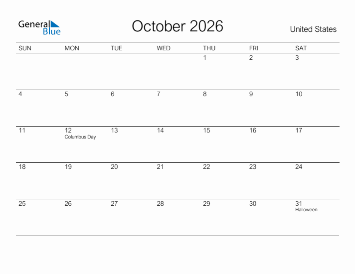 Printable October 2026 Calendar for United States