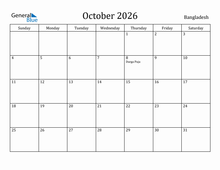 October 2026 Calendar Bangladesh