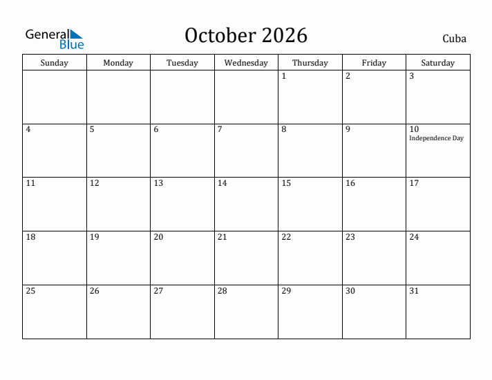 October 2026 Calendar Cuba