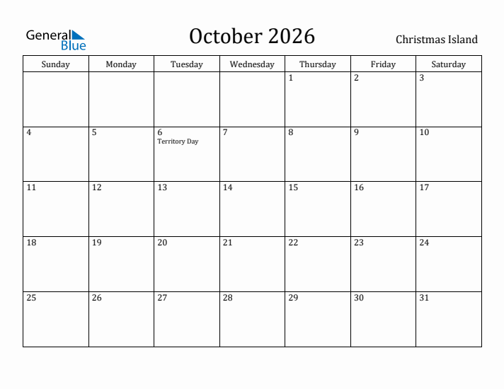 October 2026 Calendar Christmas Island