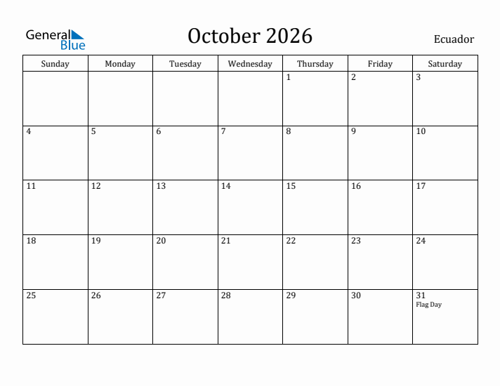 October 2026 Calendar Ecuador