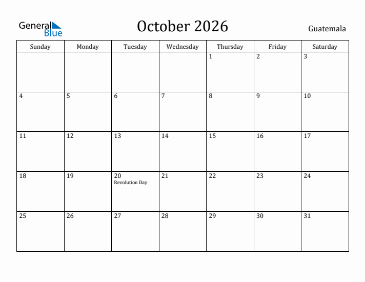 October 2026 Calendar Guatemala