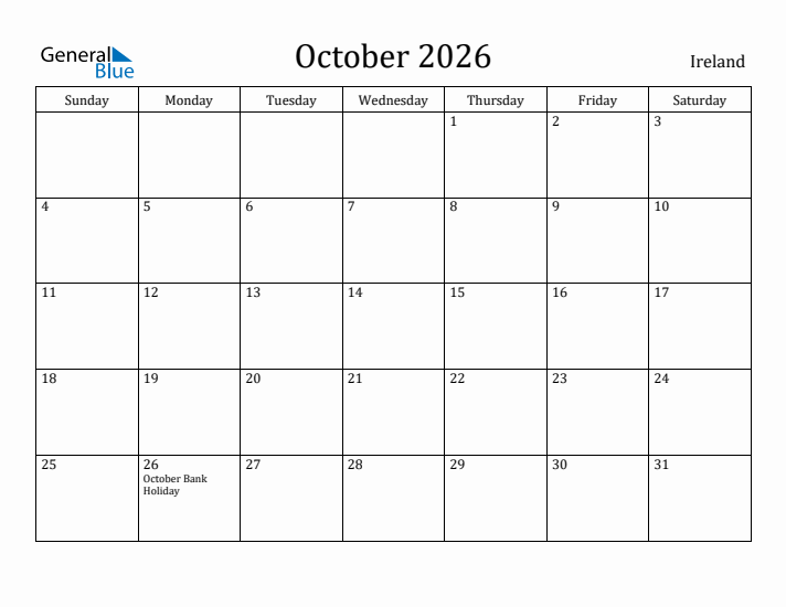 October 2026 Calendar Ireland