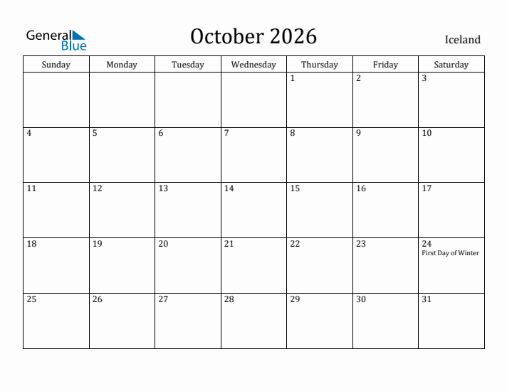 October 2026 Calendar Iceland