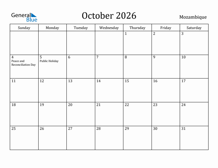 October 2026 Calendar Mozambique