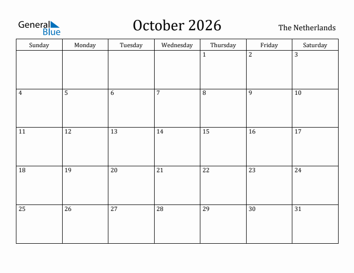 October 2026 Calendar The Netherlands