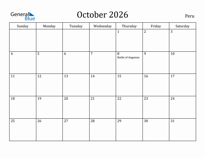 October 2026 Calendar Peru