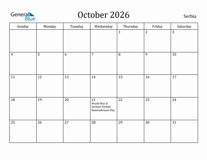 October 2026 Calendar Serbia