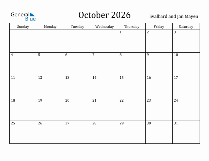 October 2026 Calendar Svalbard and Jan Mayen