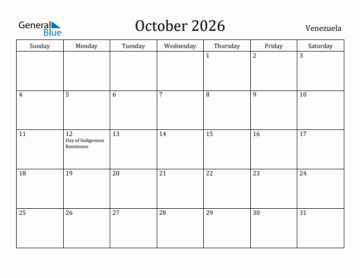 October 2026 Calendar Venezuela