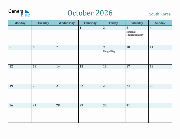 October 2026 Calendar with Holidays