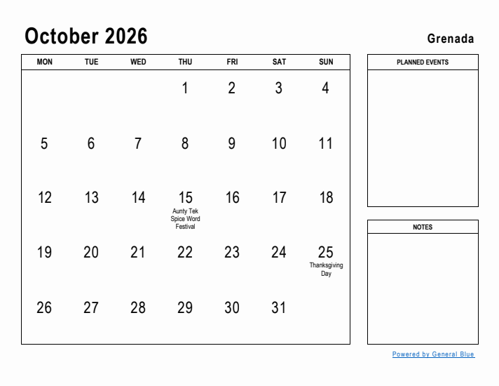 October 2026 Printable Monthly Calendar with Grenada Holidays