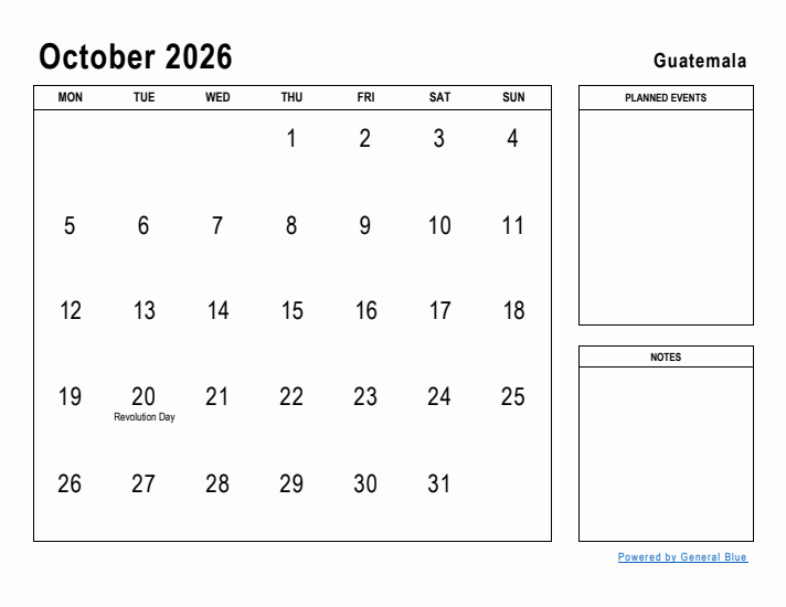 October 2026 Printable Monthly Calendar with Guatemala Holidays