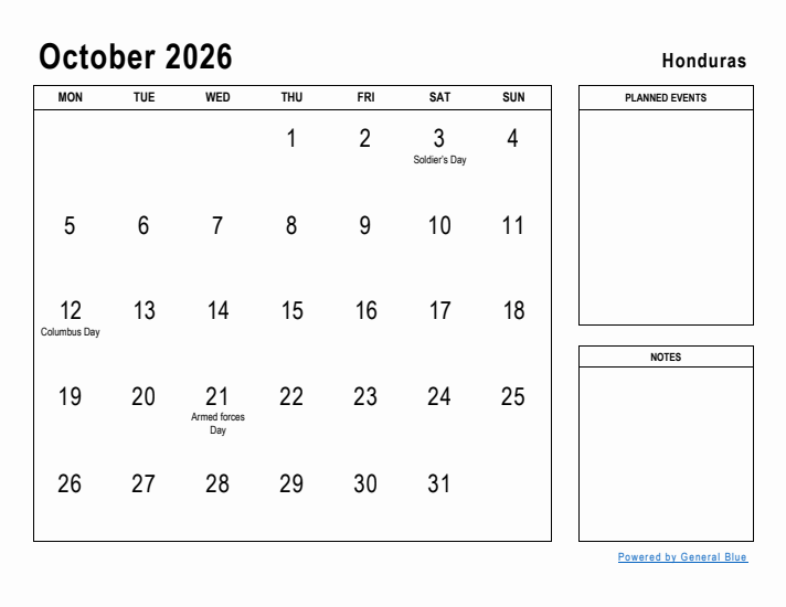 October 2026 Printable Monthly Calendar with Honduras Holidays