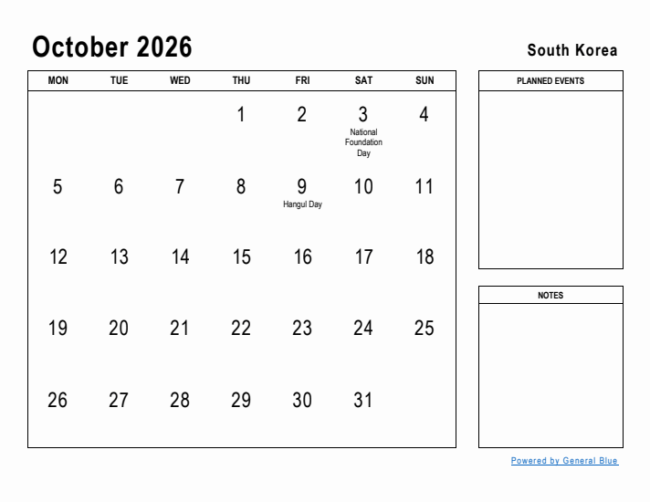 October 2026 Printable Monthly Calendar with South Korea Holidays