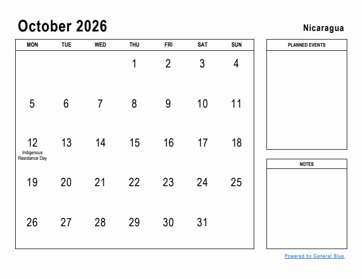 October 2026 Printable Monthly Calendar with Nicaragua Holidays