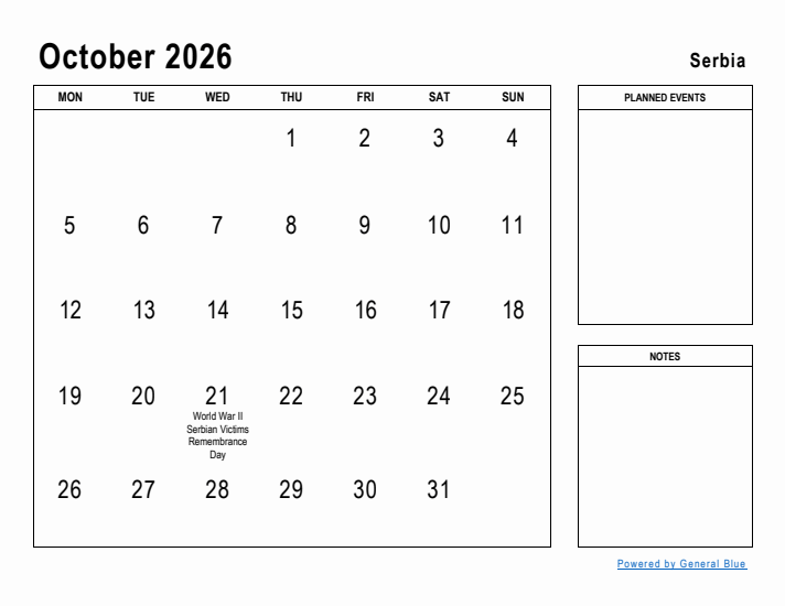 October 2026 Printable Monthly Calendar with Serbia Holidays