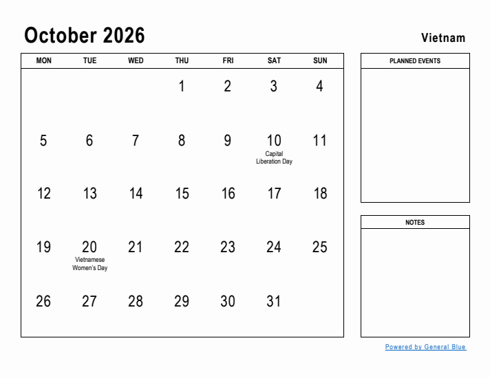 October 2026 Printable Monthly Calendar with Vietnam Holidays