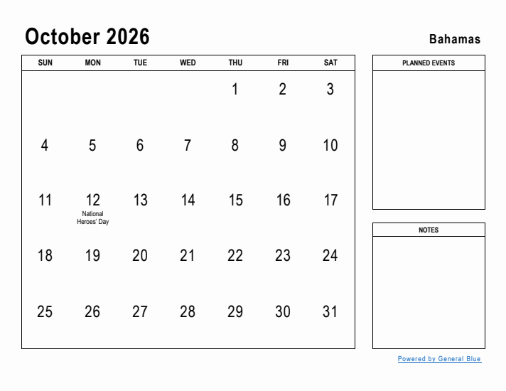 October 2026 Printable Monthly Calendar with Bahamas Holidays