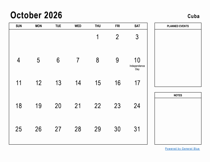 October 2026 Printable Monthly Calendar with Cuba Holidays