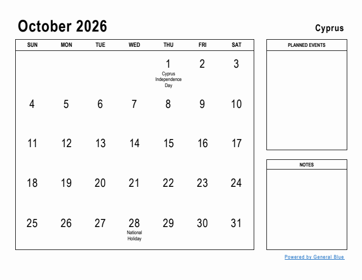 October 2026 Printable Monthly Calendar with Cyprus Holidays