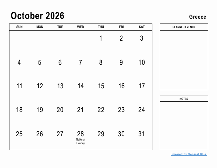 October 2026 Printable Monthly Calendar with Greece Holidays