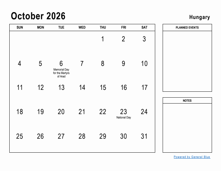 October 2026 Printable Monthly Calendar with Hungary Holidays