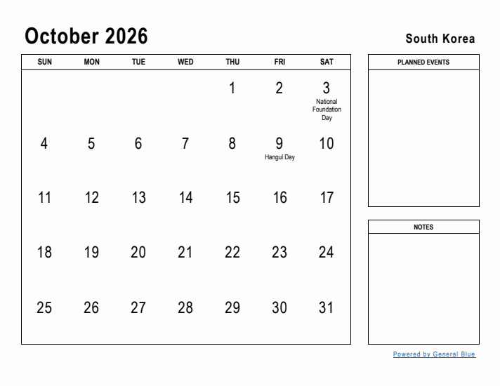 October 2026 Printable Monthly Calendar with South Korea Holidays