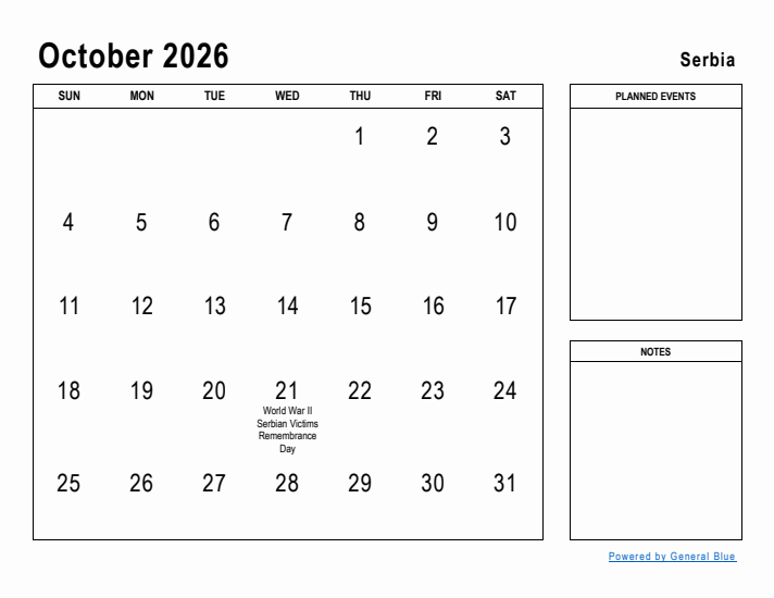 October 2026 Printable Monthly Calendar with Serbia Holidays