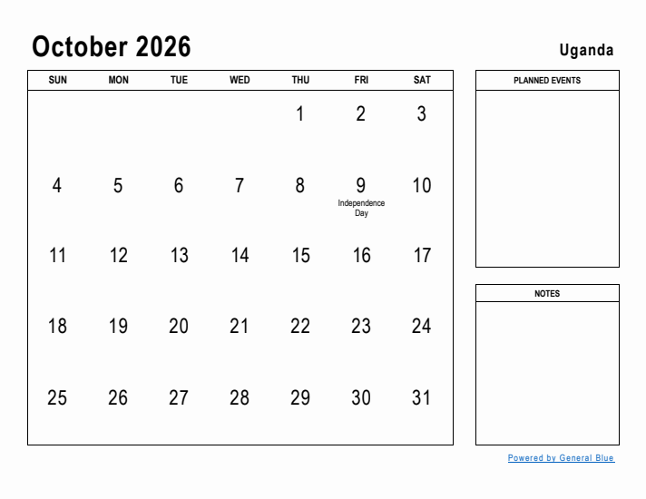 October 2026 Printable Monthly Calendar with Uganda Holidays