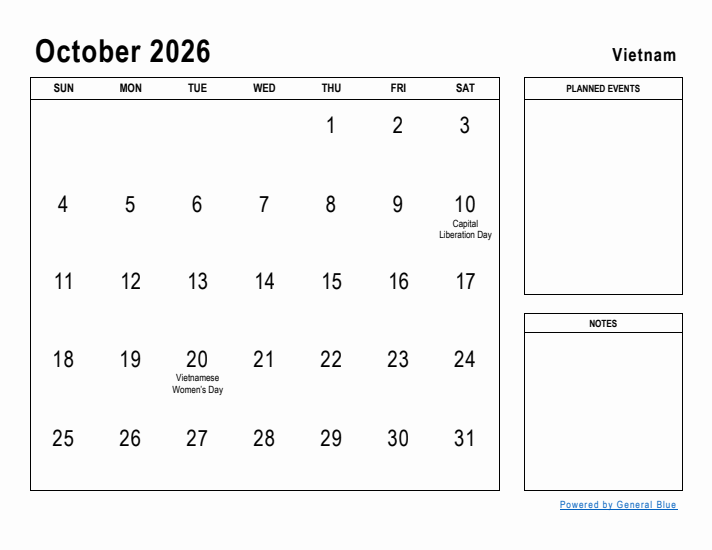 October 2026 Printable Monthly Calendar with Vietnam Holidays