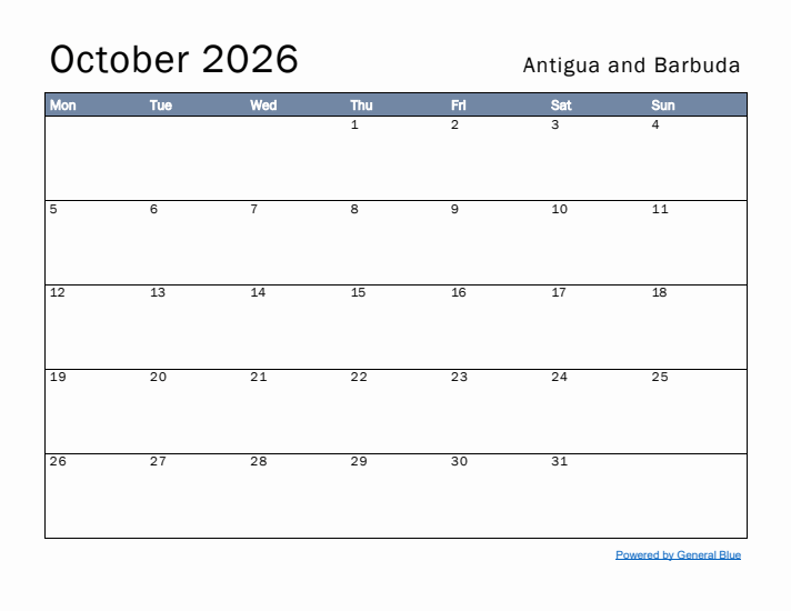 October 2026 Simple Monthly Calendar for Antigua and Barbuda