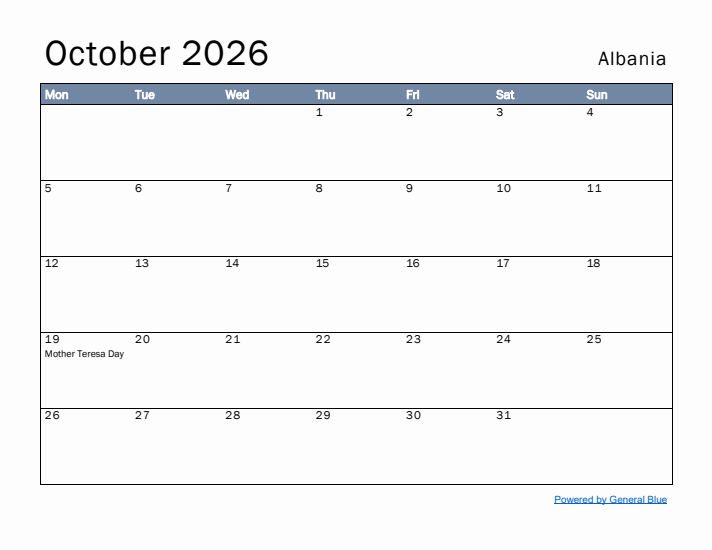 October 2026 Simple Monthly Calendar for Albania