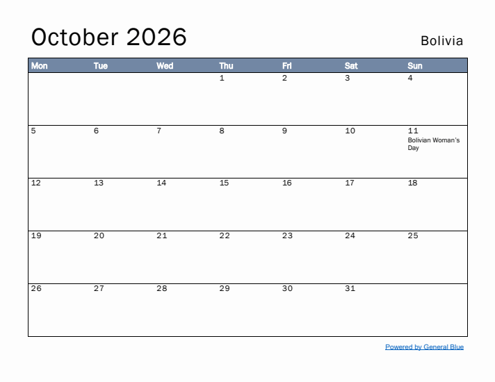 October 2026 Simple Monthly Calendar for Bolivia