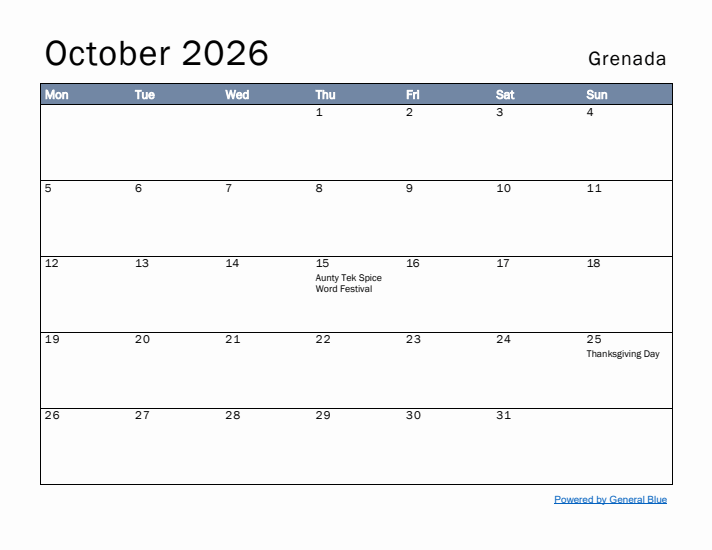 October 2026 Simple Monthly Calendar for Grenada