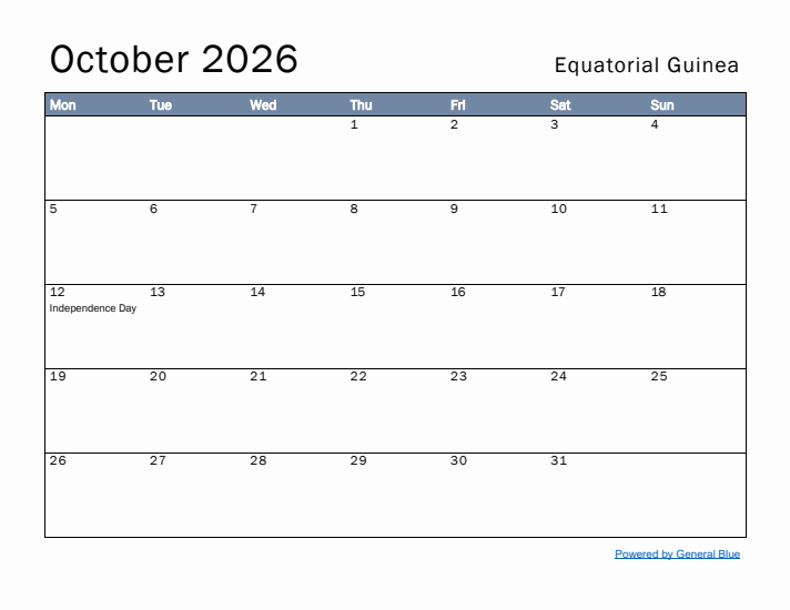 October 2026 Simple Monthly Calendar for Equatorial Guinea