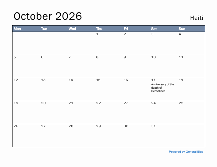 October 2026 Simple Monthly Calendar for Haiti