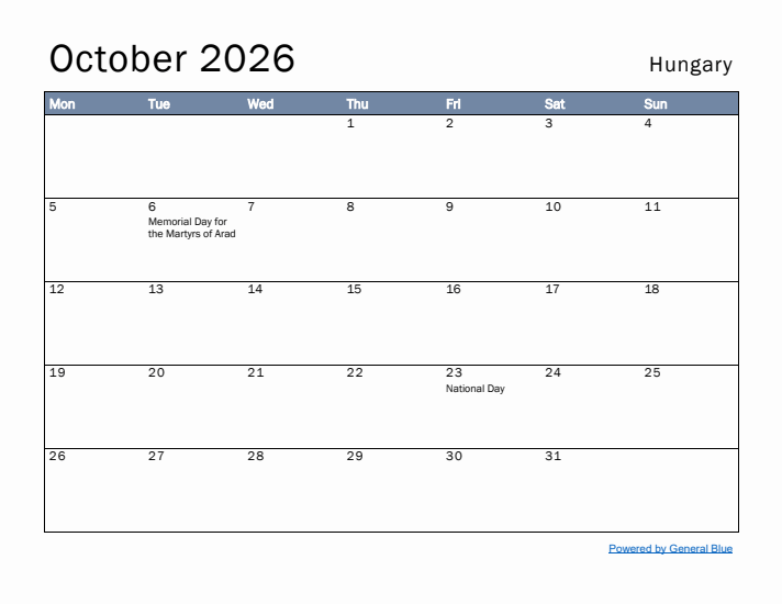 October 2026 Simple Monthly Calendar for Hungary