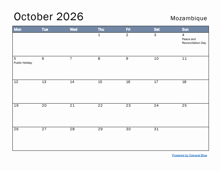 October 2026 Simple Monthly Calendar for Mozambique