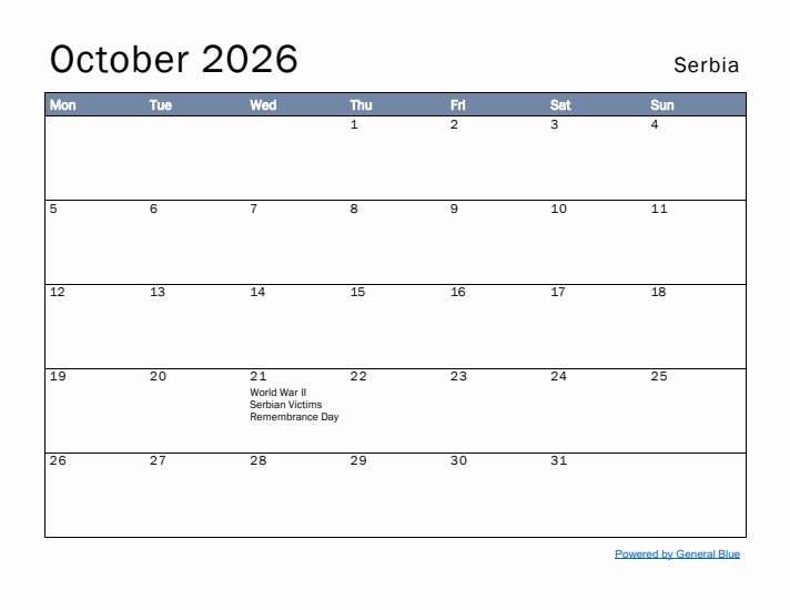 October 2026 Simple Monthly Calendar for Serbia