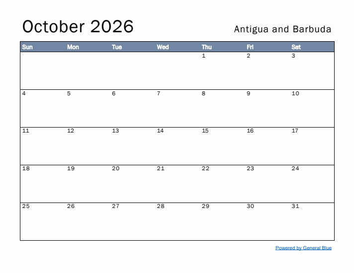 October 2026 Simple Monthly Calendar for Antigua and Barbuda