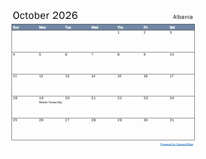 October 2026 Simple Monthly Calendar for Albania