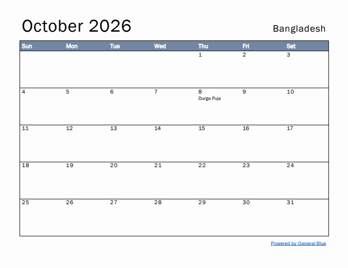 October 2026 Simple Monthly Calendar for Bangladesh