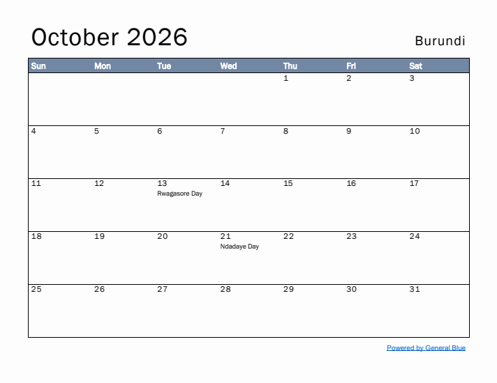 October 2026 Simple Monthly Calendar for Burundi